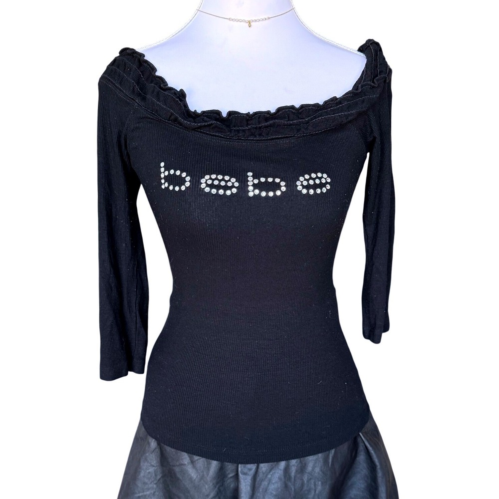 Y2K Bebe Top Rhinestone Logo Ribbed Off Shoulder Ruffle Shirt Black XS